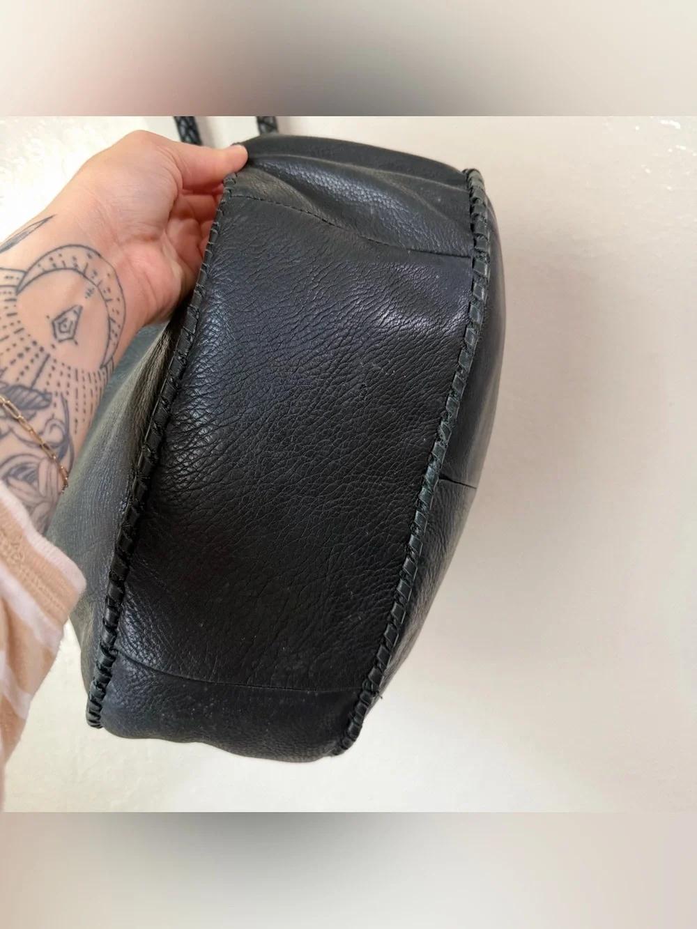 Margot NY Black Pebble Leather Slouchy Hobo Bag Braided Whipstitch Boho Tote